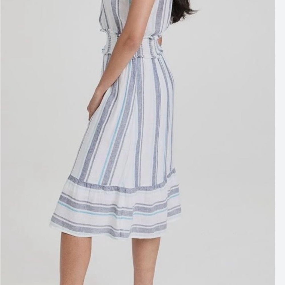 Rails Ashlyn Aegean Blue & White Striped Linen Blend Tie Neck Midi Dress - s - Picture 2 of 7